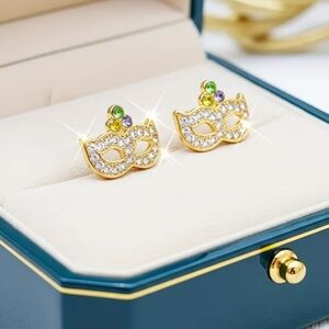 Gold Mask Stud Earrings with Green and Purple Accents - Women Jewelry
